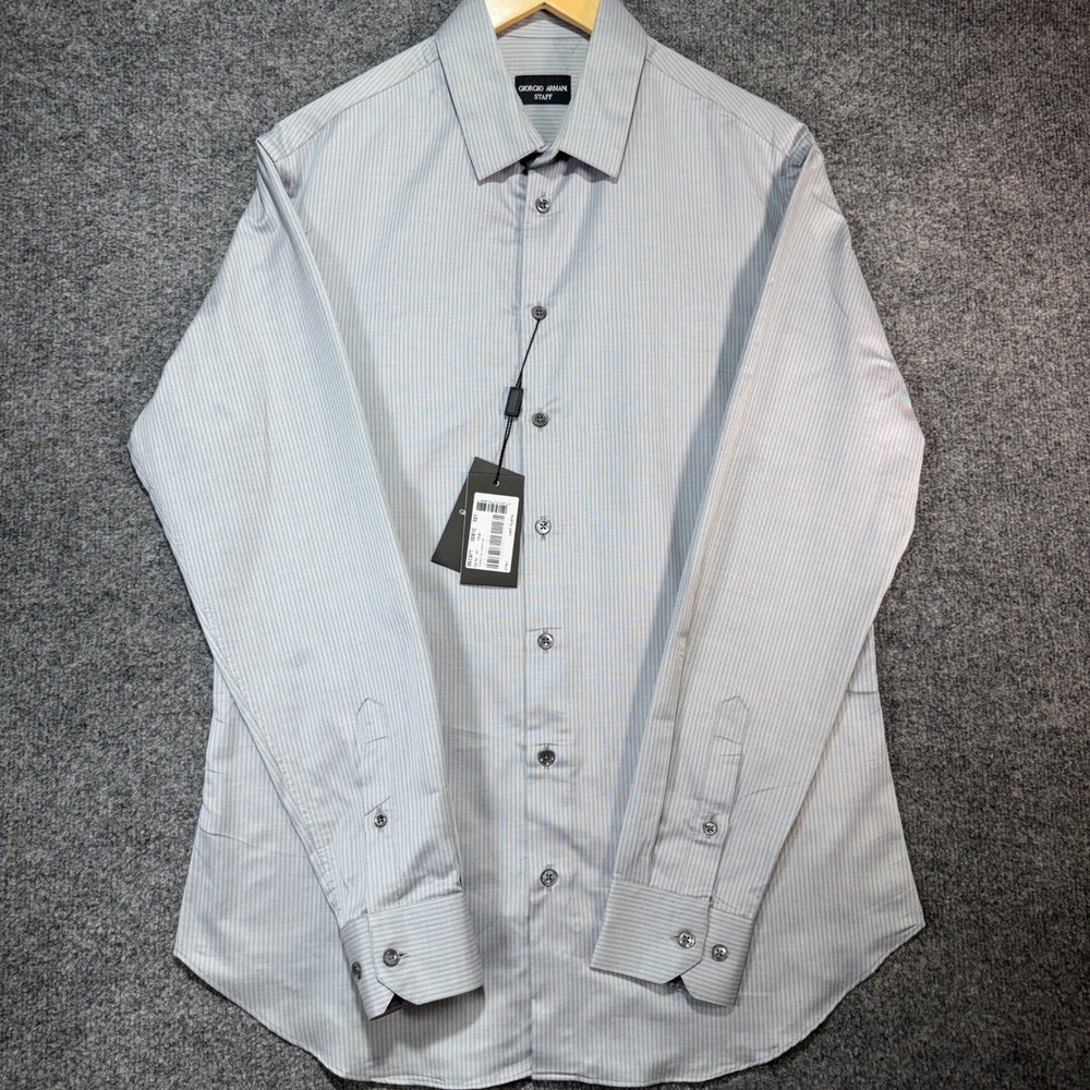 Giorgio Armani Staff Striped Button Down Shirt Mens 16 Blue 100% Cotton NWT